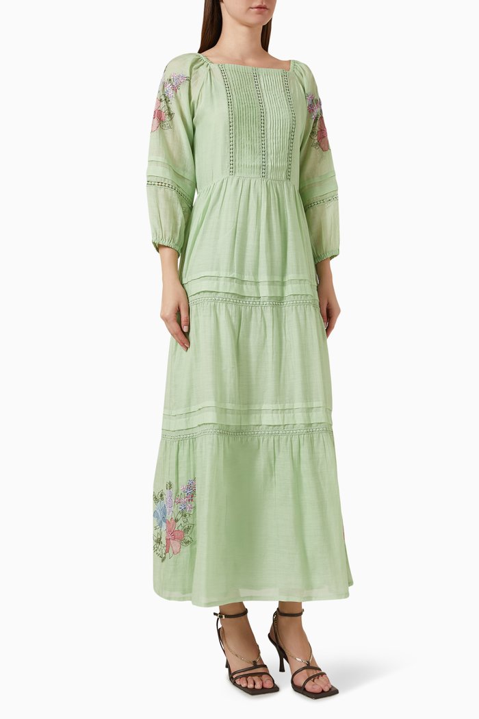 

Camelia Embroidered Maxi Dress in Cotton-silk, Green