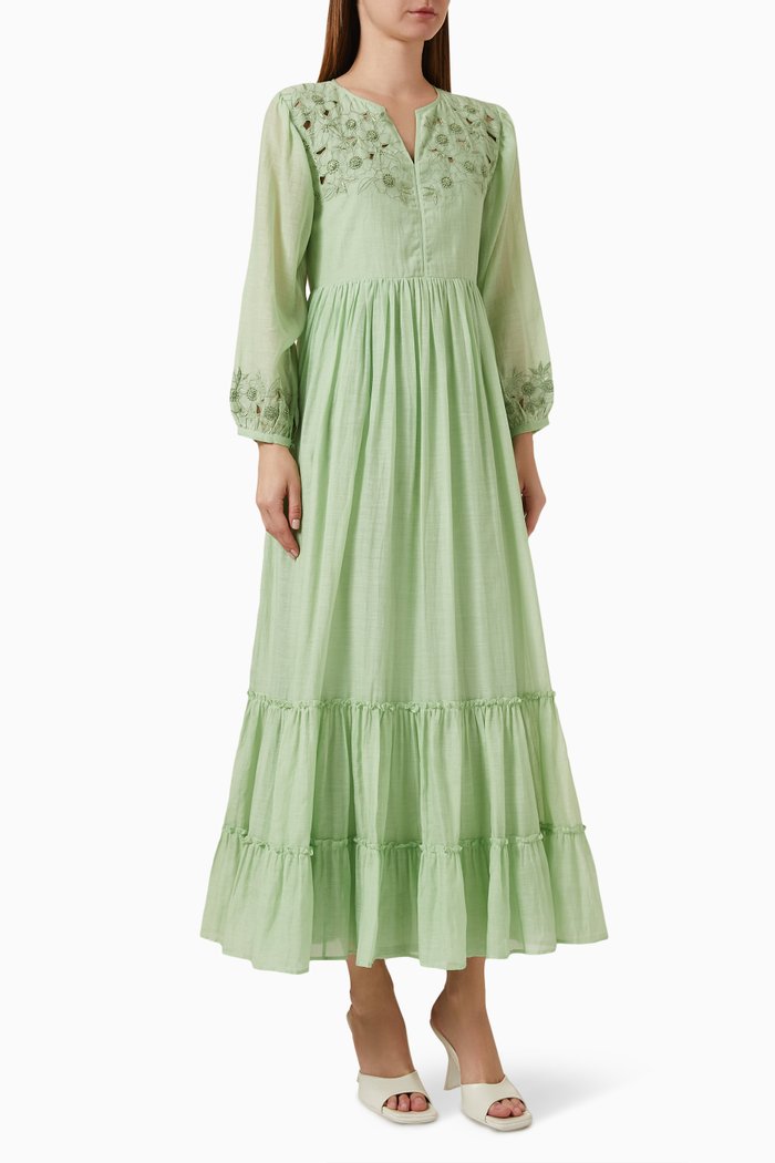 

Berlin Flared Maxi Dress in Cotton-silk, Green