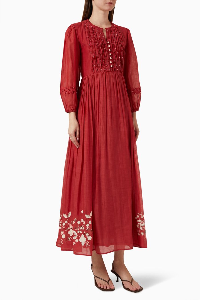 

Gia Pleated Maxi Dress in Cotton-silk, Red