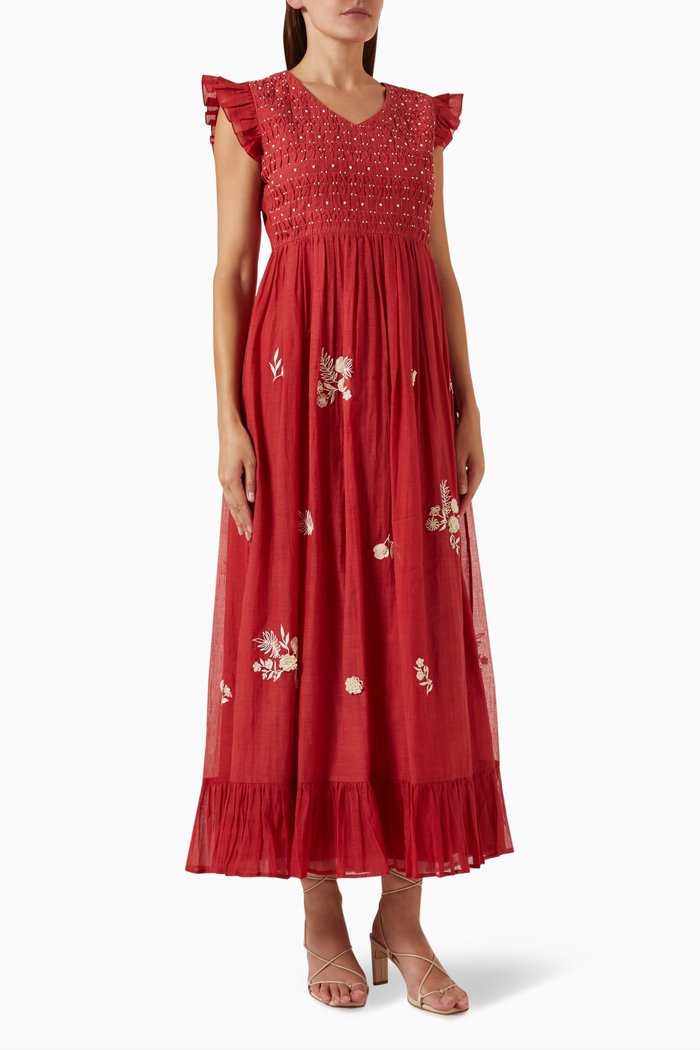 

Emma23 Floral Maxi Dress in Cotton-silk, Red