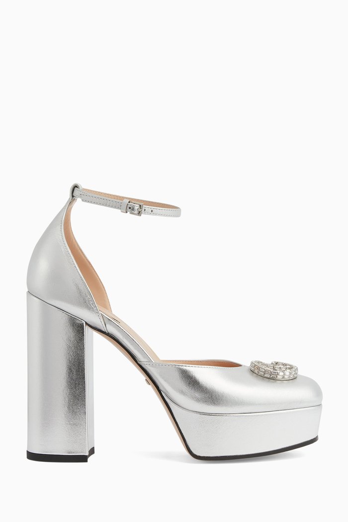 Double G Platform Pumps in Metallic Leather, Grey
