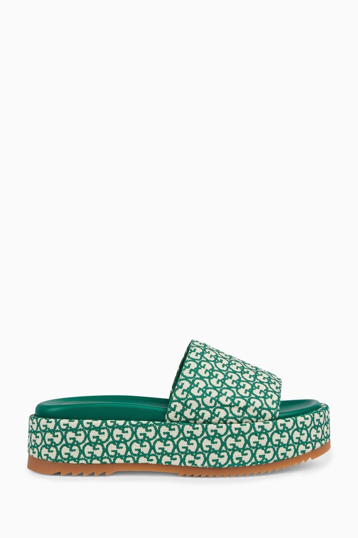 

GG Platform Slide Sandals in Logo Canvas, Green
