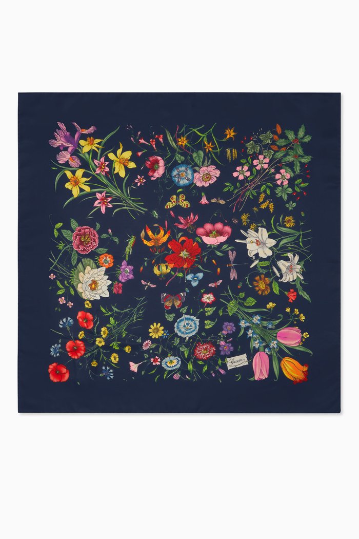 

Flora-print Scarf in Silk Carré, Blue