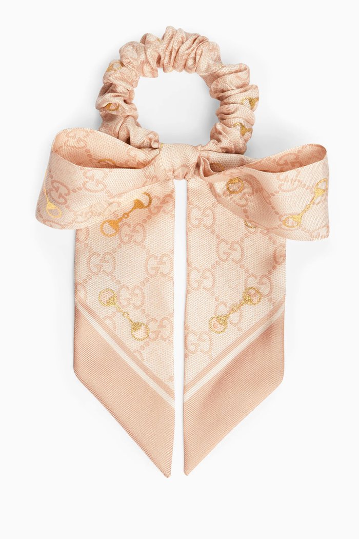 

Scrunchie Set in Laminated Horsebit & GG Print Silk, Pink