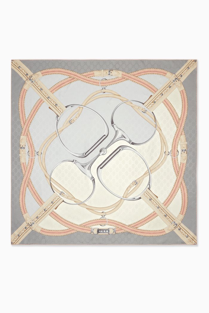 Horsebit-print Scarf in Silk Jacquard, Grey