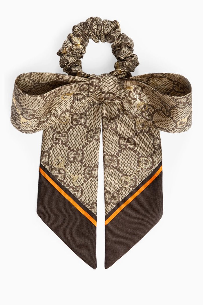 

Scrunchie Set in Laminated Horsebit & GG Print Silk, Brown