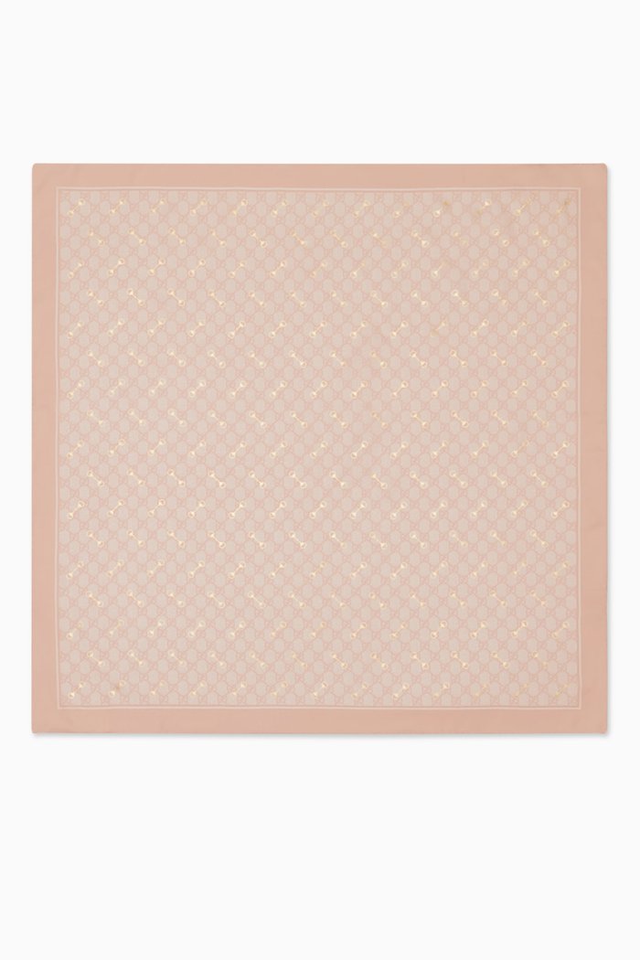 

Square Scarf in Laminated Horsebit & GG Print Silk-twill, Pink