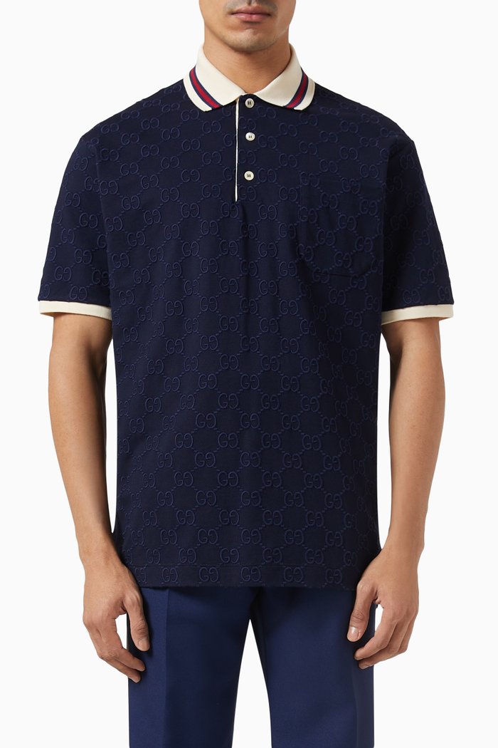 

GG-embroidered Polo Shirt in Stretch Cotton Piqué, Black
