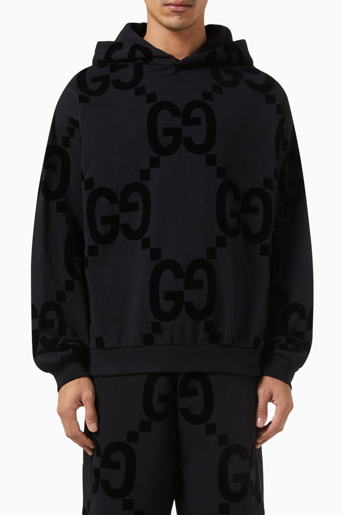 

GG Print Hoodie in Cotton Jersey Fleece, Black