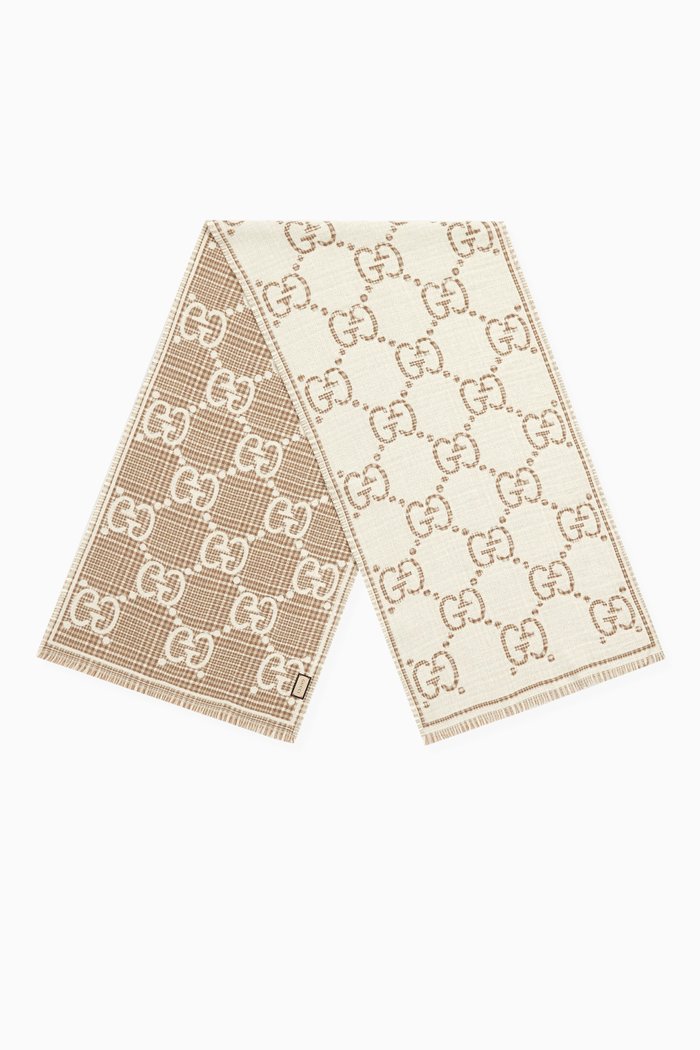 

Houndstooth GG Scarf in Wool-blend Jacquard, Neutral