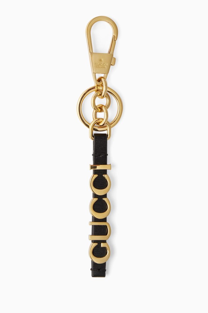 Logo-script Keychain in Leather & Metal, Black