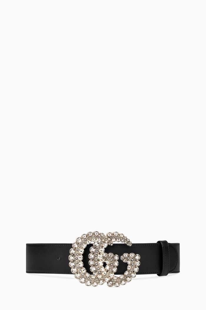 

Double G Crystal Buckle Belt in Leather, Black