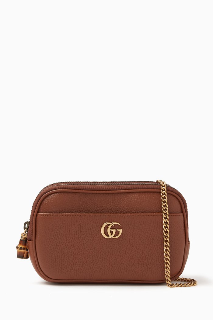 Super Mini Double G Bamboo Bag in Cuir Leather, Brown