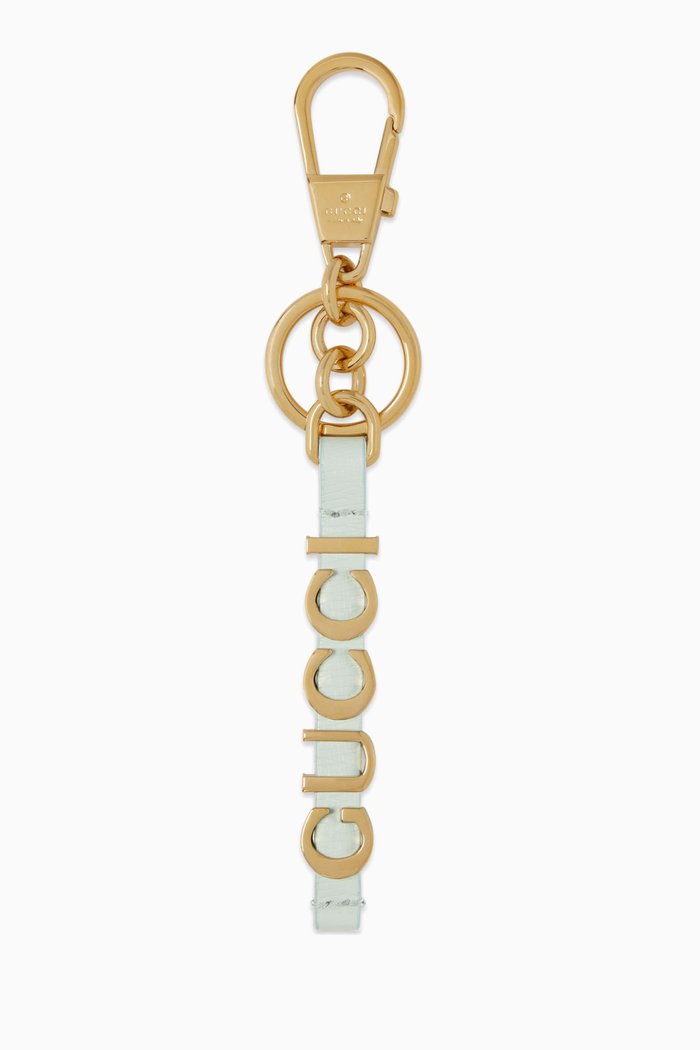Logo-script Keychain in Leather & Metal, Green
