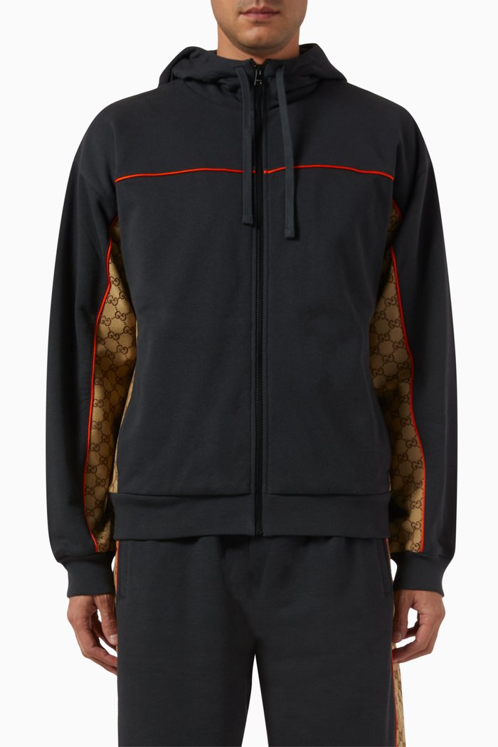 Logo-panelled Zip Hoodie in Felted Cotton-jersey, Black