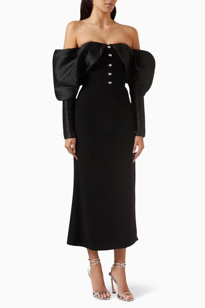 

Off-the-shoulder Midi Dress in Velvet, Black