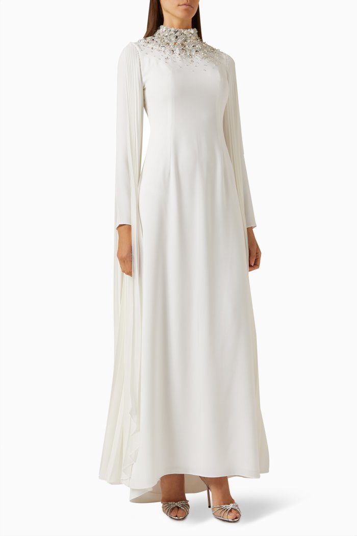 

Ciela Embellished Cape-sleeve Gown, White