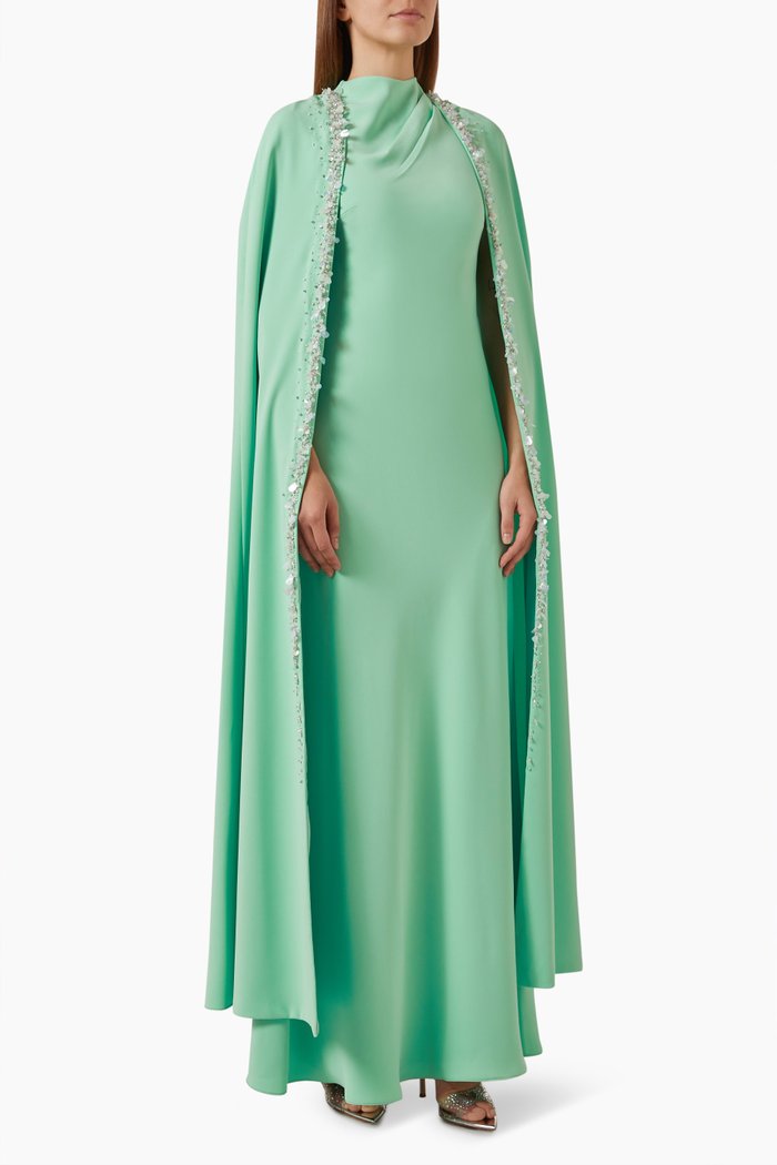 

Essia Embellished Cape Gown, Green