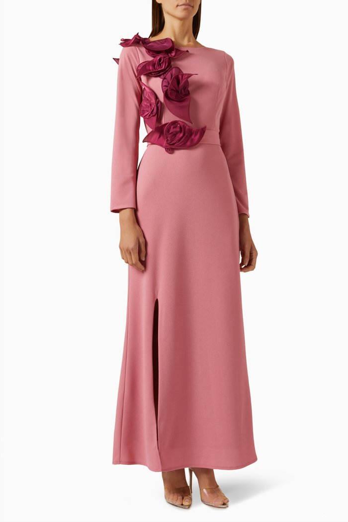 

3D Floral Applique Maxi Dress, Pink