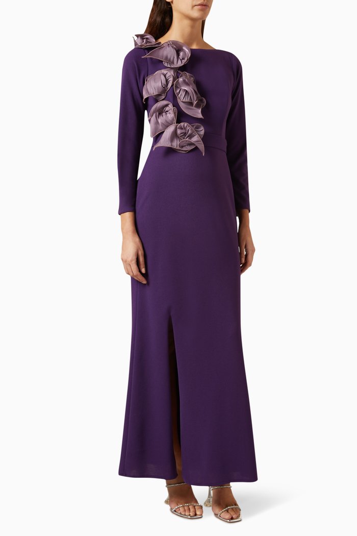 

3D Floral Applique Maxi Dress, Purple