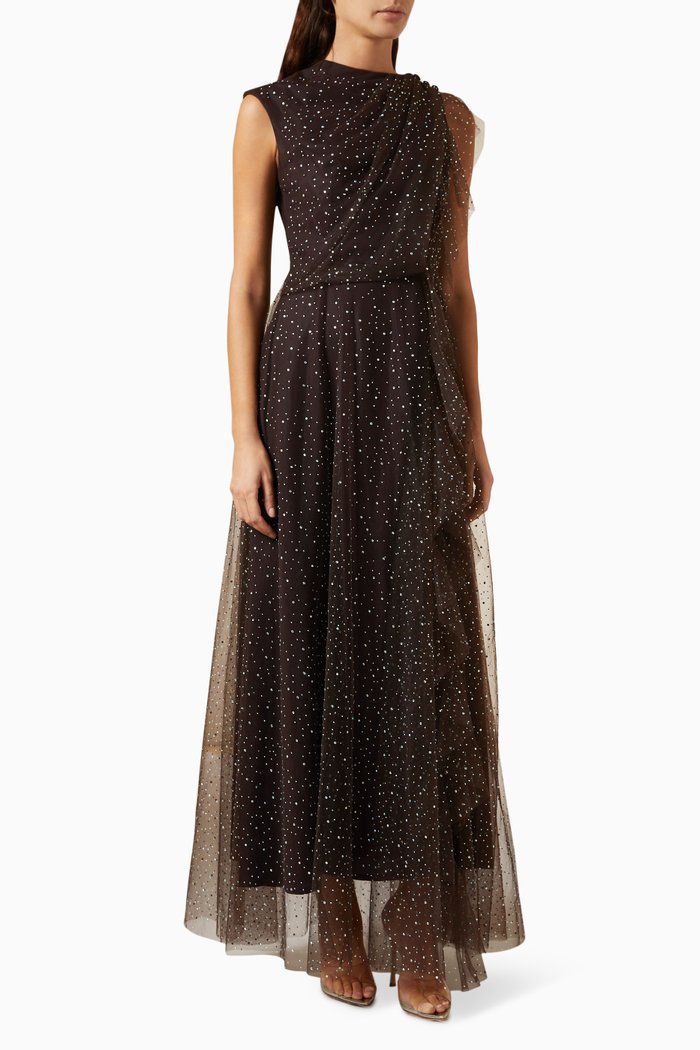 

Embellished Ruffled Maxi Dres, Brown