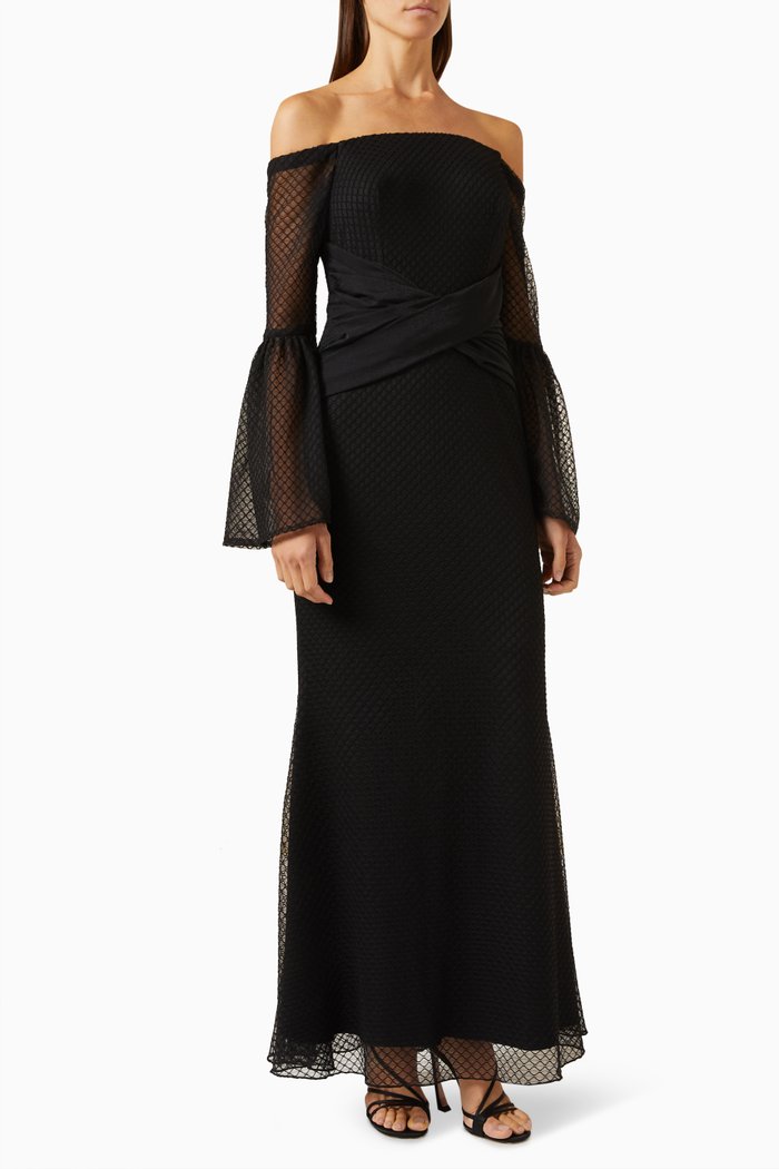 

Off-shoulder Maxi Dress in Fishnet, Black