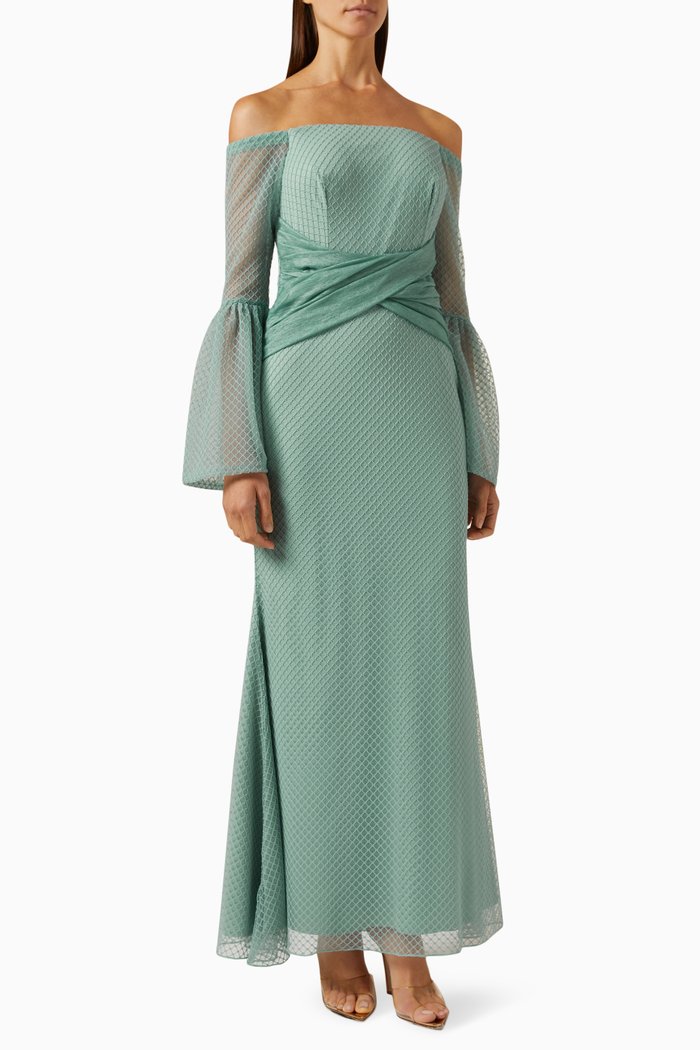 

Off-shoulder Maxi Dress in Fishnet, Green