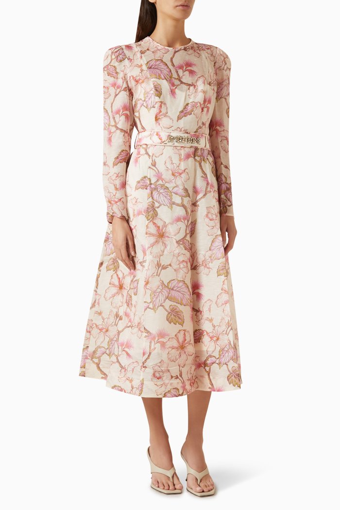 

Matchmaker Floral Midi Dress in Silk-linen silk linen Organza, Pink