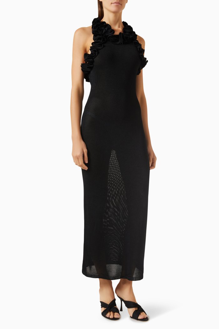 

Matchmake Ruffled Midi Dress in Rib-knit, Black