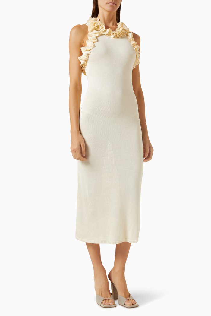 

Matchmake Ruffled Midi Dress in Rib-knit, Neutral