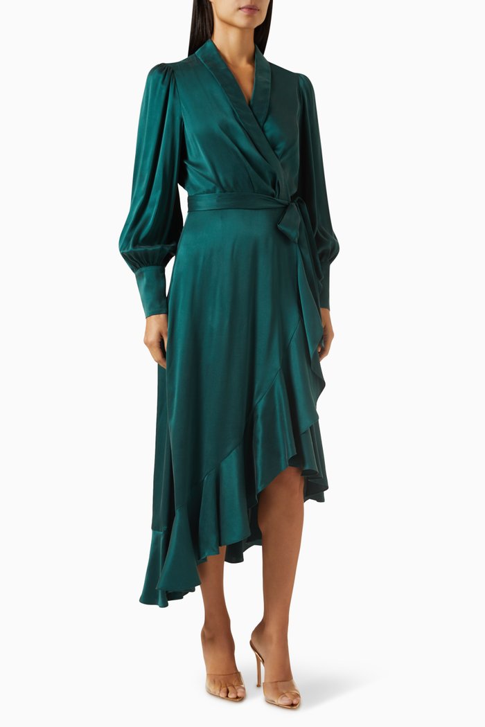 

Wrap Midi Dress in Silk, Green