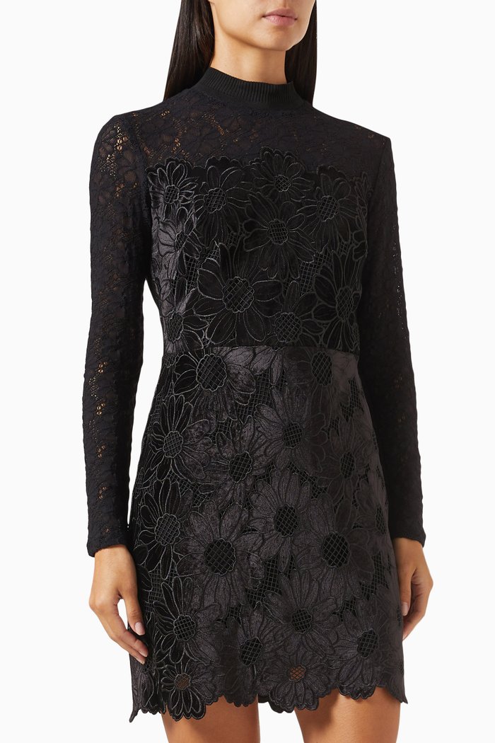 

Mayen Daisy Guipure Mini Dress in Velvet, Black