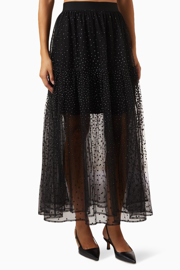 

Crystals Embellished Maxi Skirt in Tulle, Black