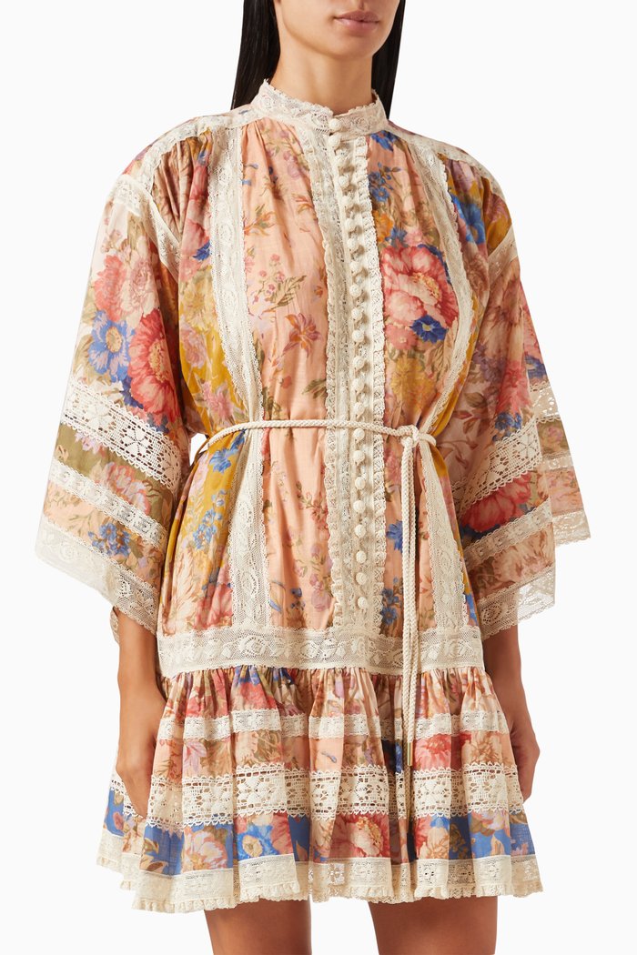 

August Lace Trimmed Mini Dress in Cotton, Multicolour