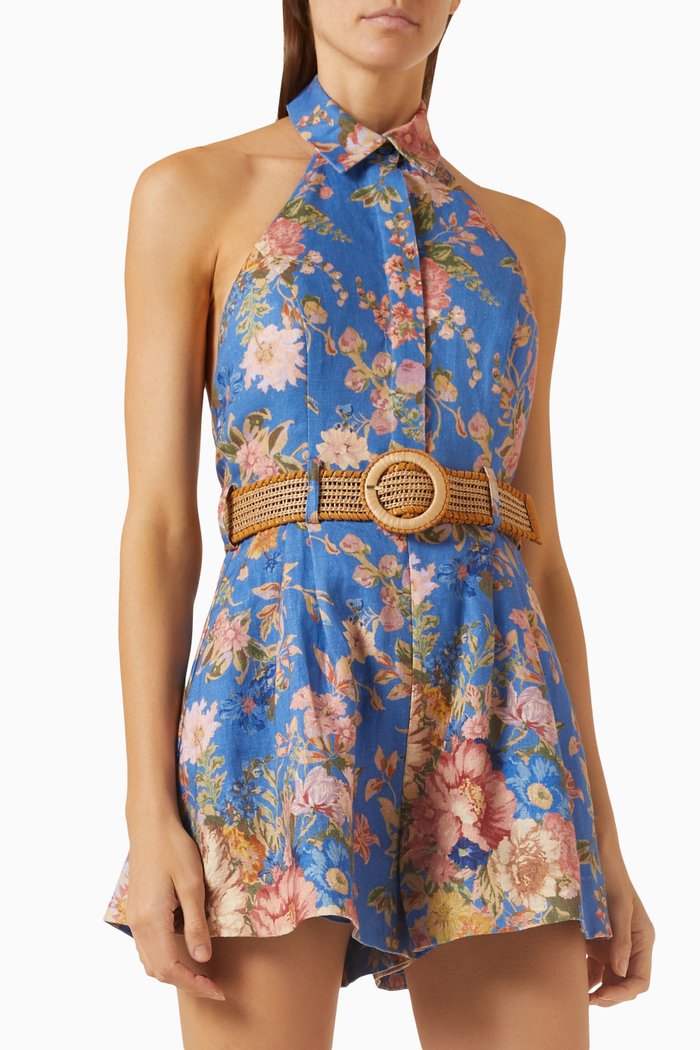 

August Floral-print Halterneck Playsuit in Linen, Blue