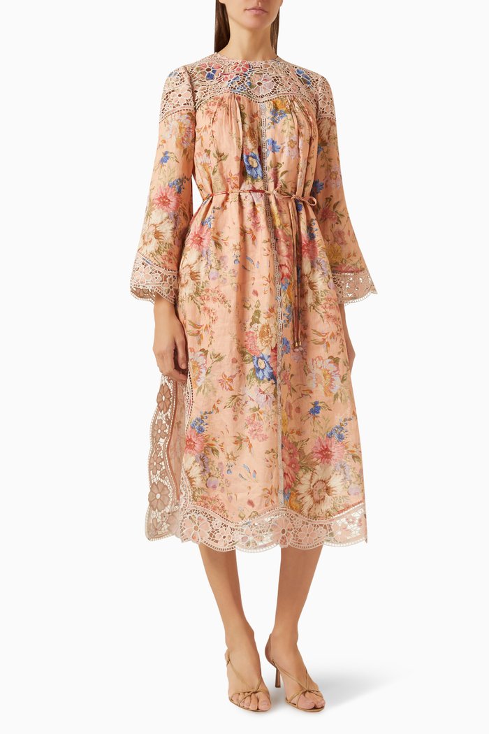 August Broderie Midi Dress in Linen, Pink