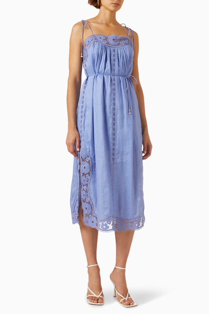 

August Broderie Slip Dress in Linen, Blue