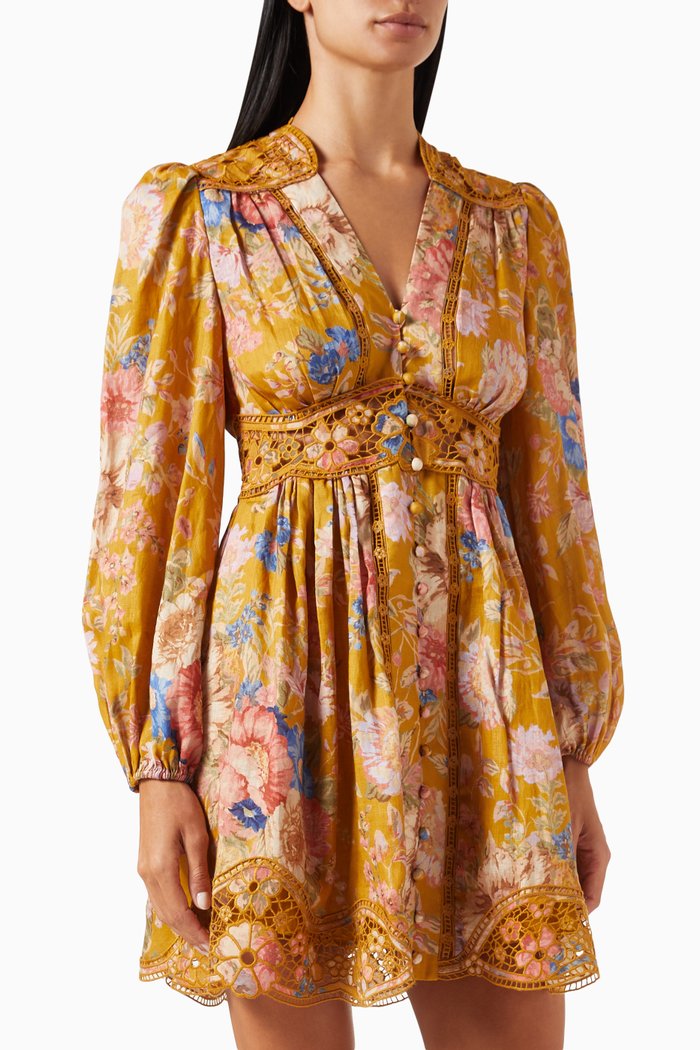 

August Plunge Mini Dress in Linen, Yellow