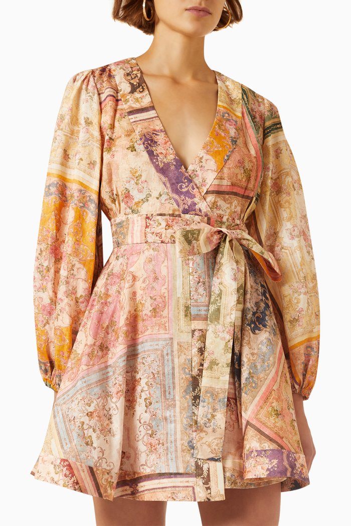 

August Wrap Mini Dress in Linen, Multicolour