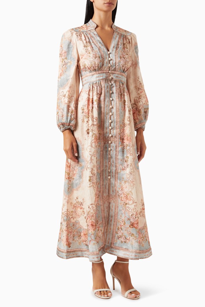 

August Plunge Midi Dress in Linen, Blue