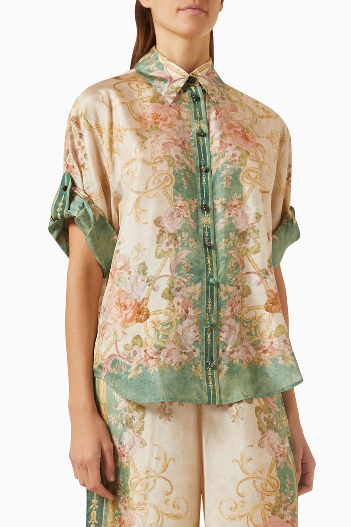 August Floral-print Shirt in Silk, Green