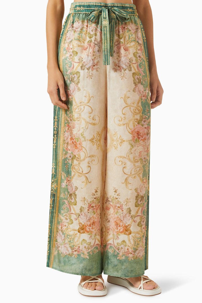 

August Floral-print Relaxed Pants in Silk, Green