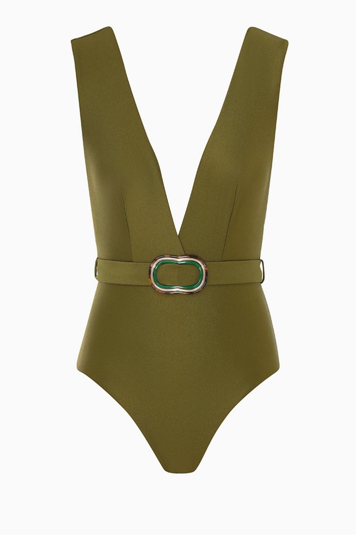 

Junie Belted Plunge Swimsuit in Lycra, Green