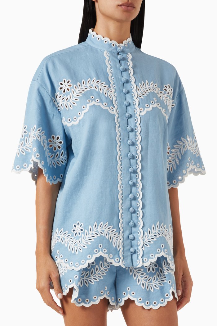 

Junie Embroidered Shirt in Linen, Blue