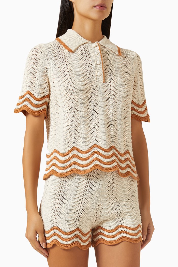 

Junie Scalloped Polo Shirt in Textured Knit, Neutral