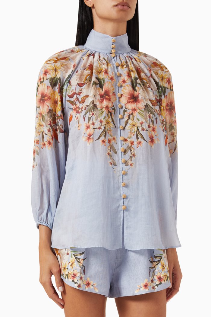 Lexi Floral-print Blouse in Ramie, Blue