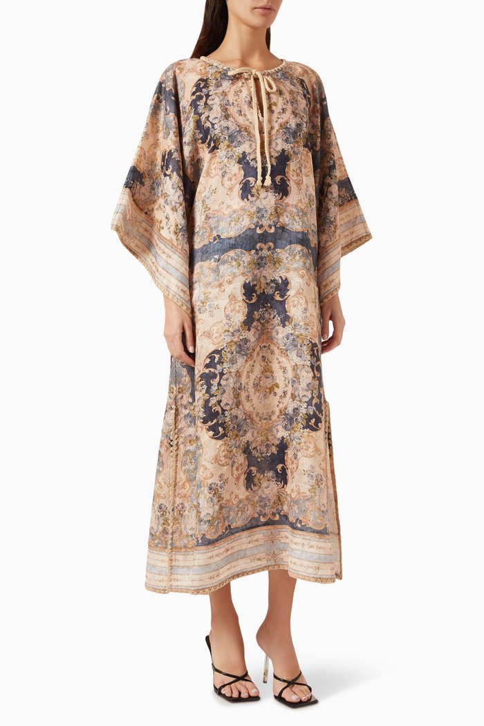 

August Kaftan Midi Dress in Linen, Blue