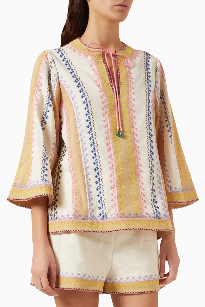 

August Embroidered Top in Cotton, Multicolour