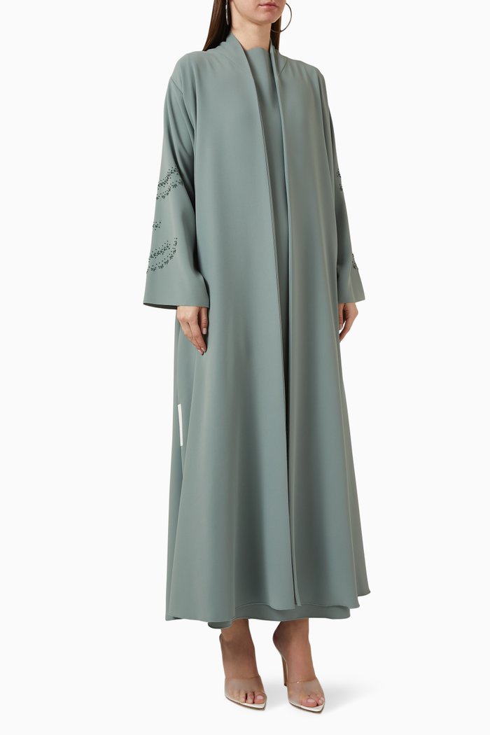

3-piece Embroidered Abaya Set in Crepe, Green