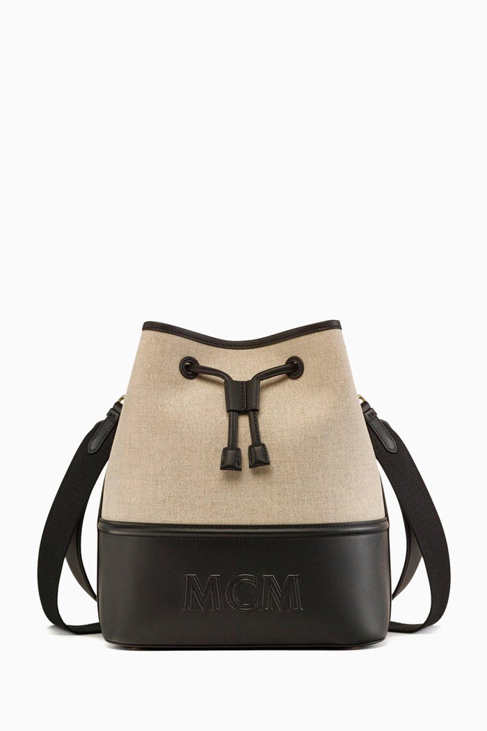 Aren Drawstring Shoulder Bag in Linen, Black